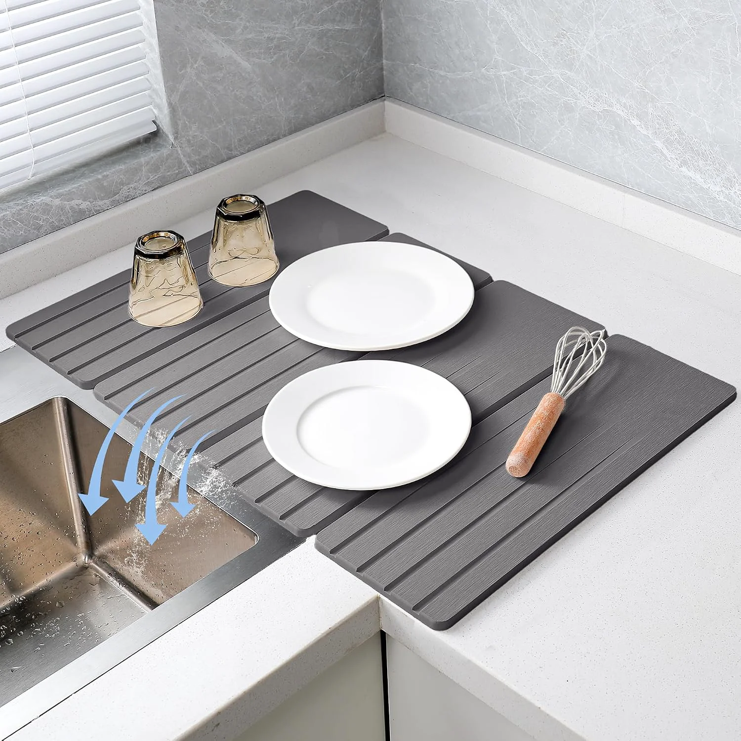 Functional Extral Large Quick Dry Stone Drying Mat for Kitchen Counter 28×16 Inch Collapsible Eco-Friendly Absorbent Diatomaceous Earth Mat for Dishes Cups Deep Gray-Upgraded Version 16×12 inch Contemporary