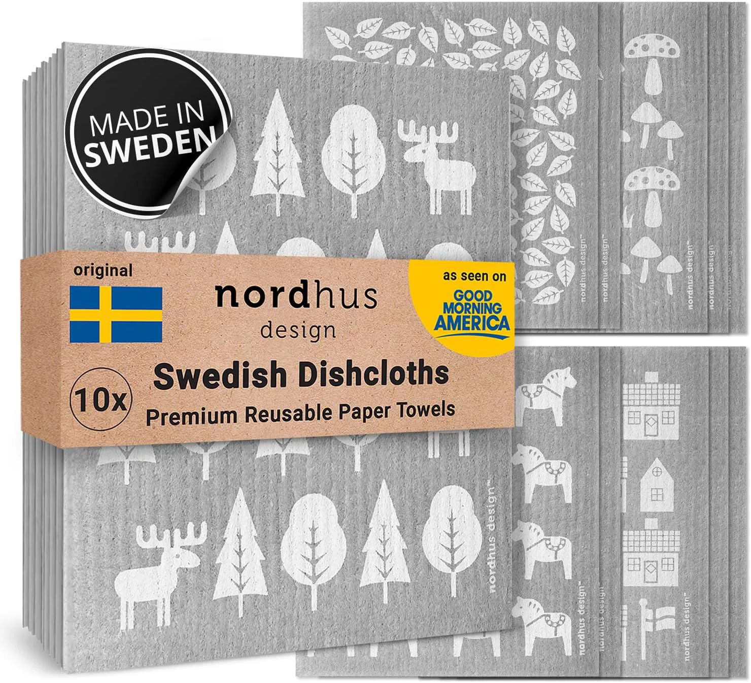 Official Nordhus Design Swedish Dishcloths 10 Grey Cloths Made in Sweden – Reusable Washable Cellulose Cotton Kitchen Cloths – Replace Paper Towels Wipes Soft