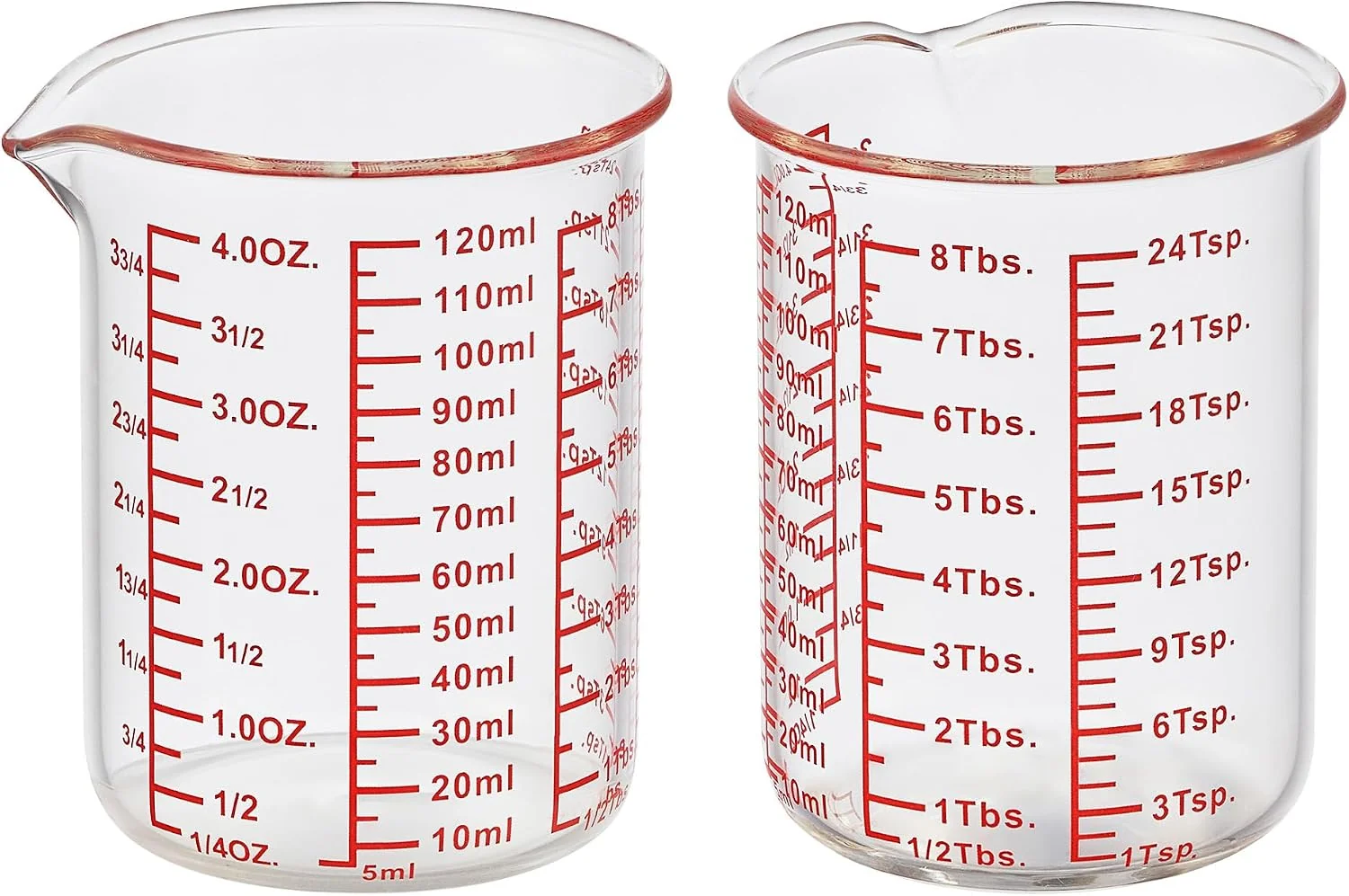 Easy-to-Use Ackers BORO3.3 4 oz 120 ml Glass Measuring Cup with V-Shaped Spout 2 Pack 3.3 borosilicate glass with a wide opening and five printed measurement units for small-batch cooking baking and drink prep Safe