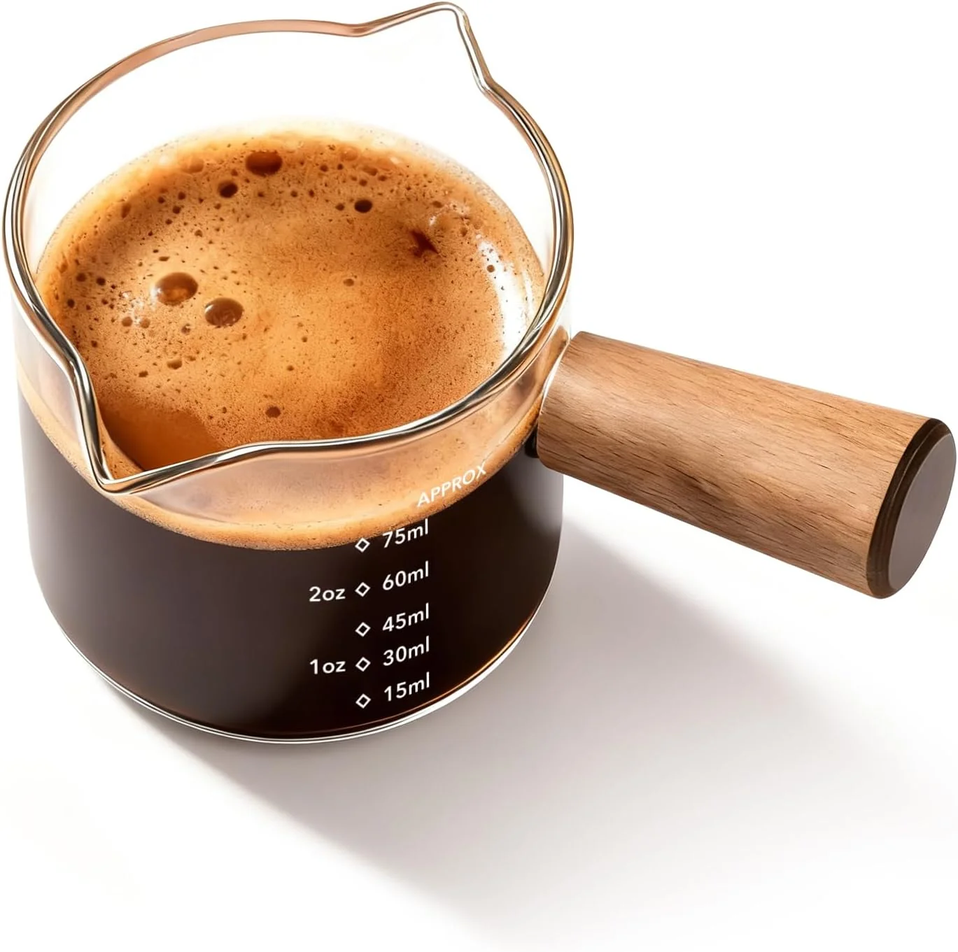 Expertly Made YARRAMATE 2.5oz Double Spout Espresso Shot Cup with Handle Borosilicate Glass Precision Pouring Heat Insulated Grip Dual-Scale Accuracy Easy to Rinse Clean Solid