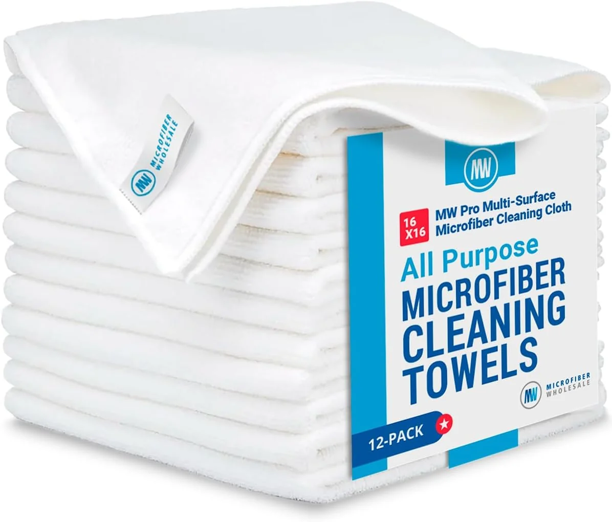 Green MW Pro Microfiber Cleaning Cloth White 12 Pack Size 16 x 16 All Purpose Microfiber Towels – Clean Dust Polish Scrub Absorbent Luxury