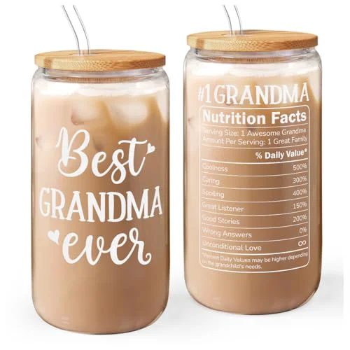 Luxury Grandma 16 Oz Can Glass Tumbler with Bamboo Lid and Straw Contemporary