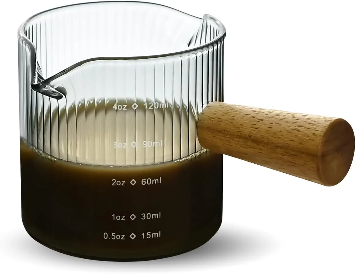 Unique Glass Measuring Cup 4oz Espresso Shot Glass with Wood Handle Double Spouts Measuring Triple Pitcher Milk Cup for Coffee Tea Gray Ribbed） Superior
