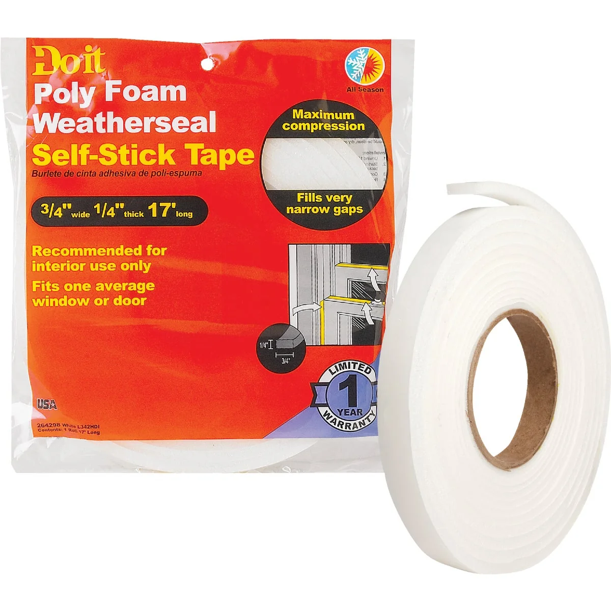Smooth Do it 3 4 W x 1 4 T x 17′ L White Foam Weatherstrip Tape Durable
