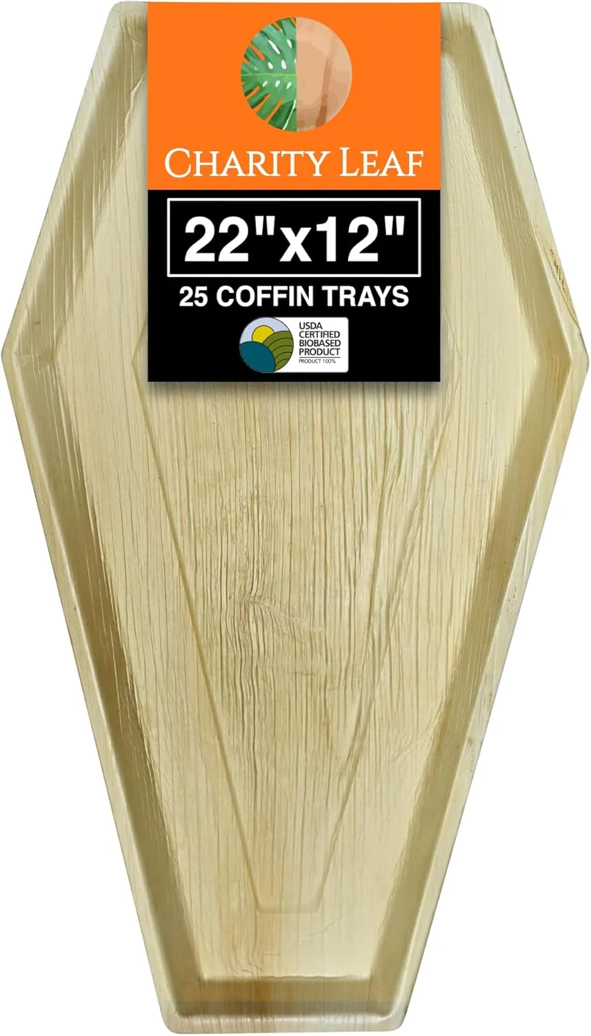 Minimalist Charity Leaf Disposable Palm Leaf 22 x12 Coffin Trays 25 Pieces Bamboo Like Serving Platters Disposable Boards Professional