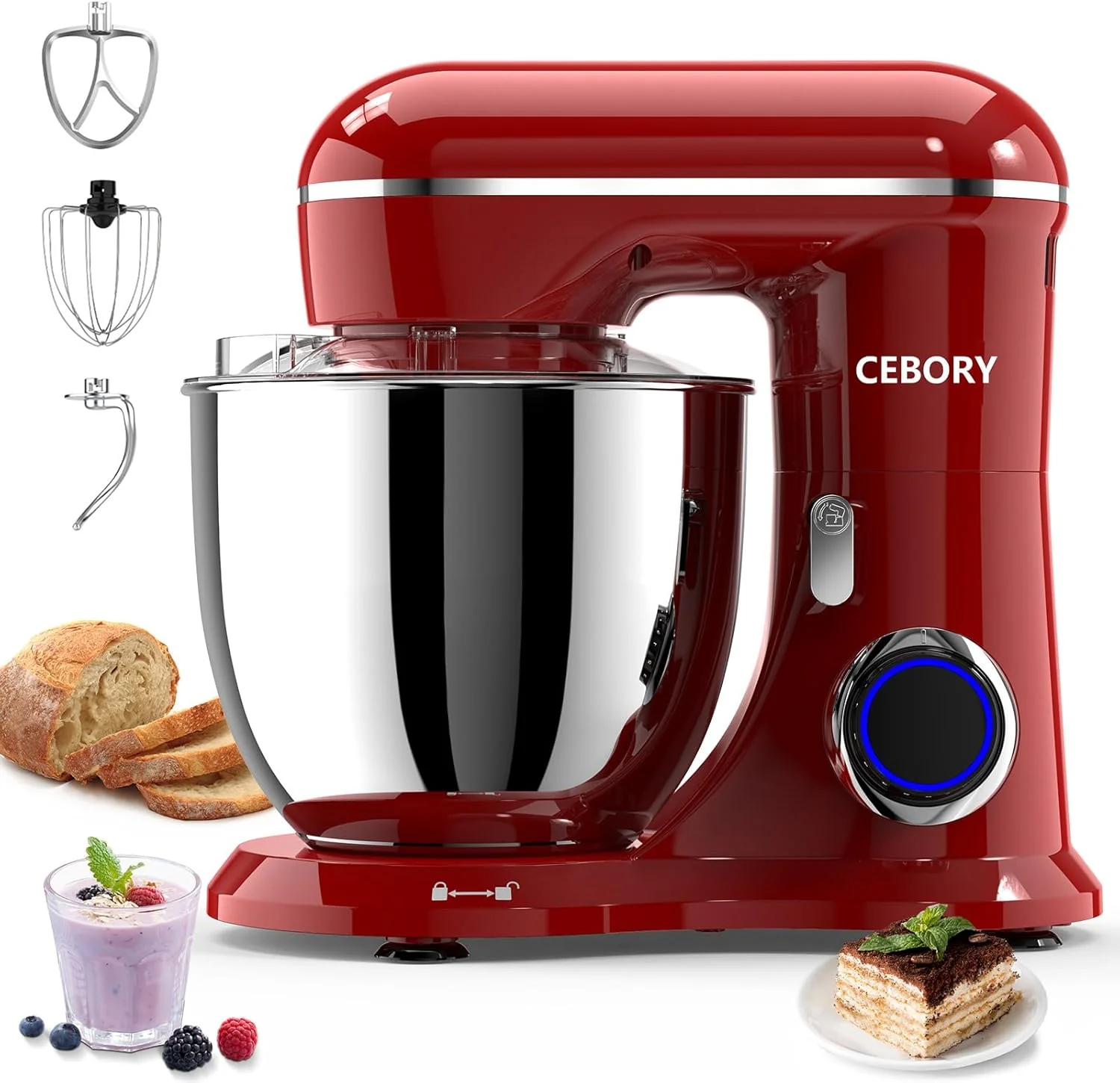 World-Class 3-IN-1 Electric Stand Mixer 6.5QT Bowl 660W 10-Speed Kitchen Mixer Household Food Mixers include Dough Hook Beater and Whisk Bread Cake Mixer for Baking and Most Home Cooks Red High-Quality