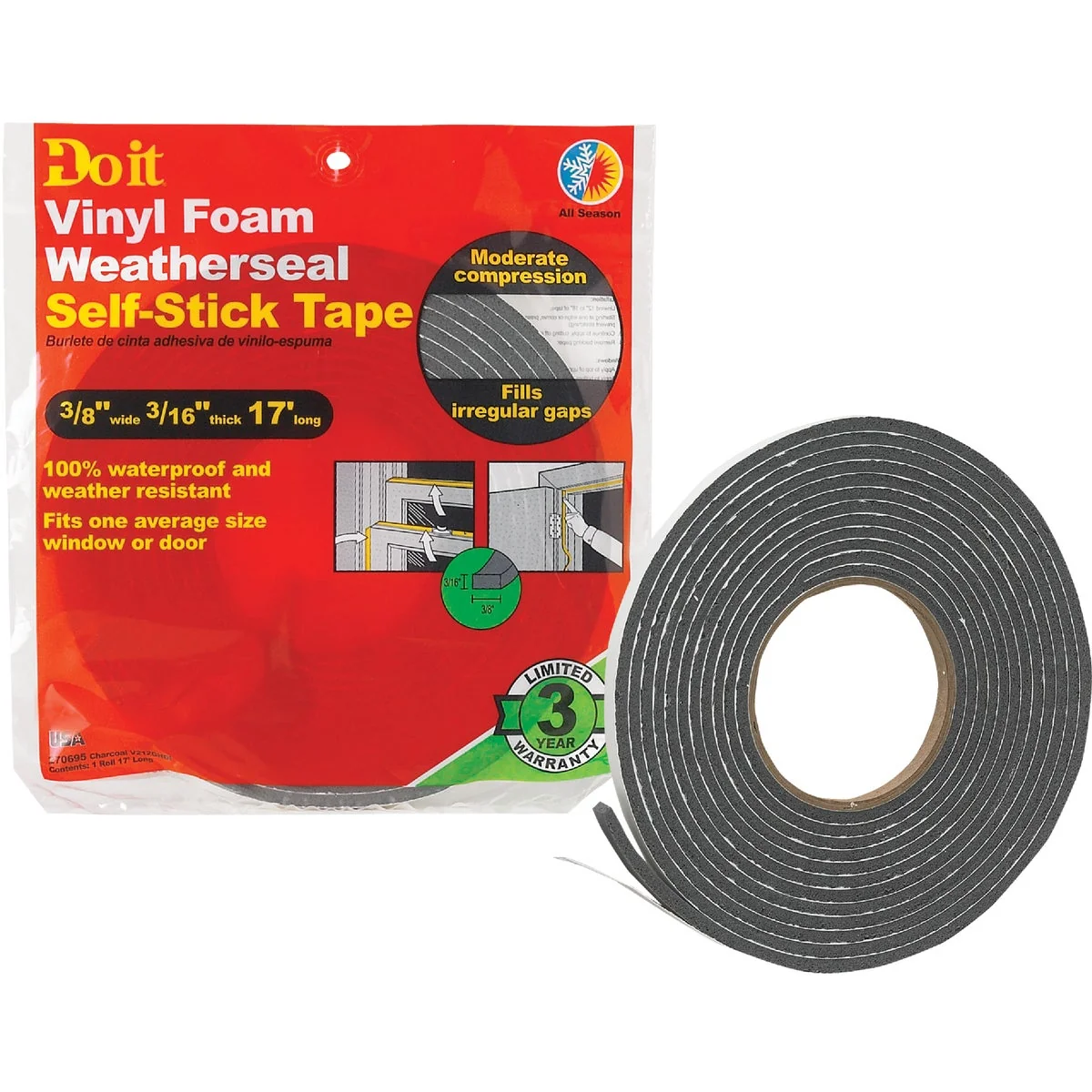 Detailed Do it 3 8 W x 3 16 T x 17′ L Charcoal Foam Weatherstrip Tape Minimalist