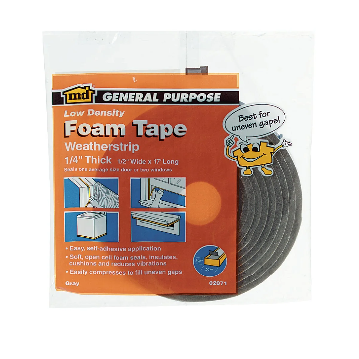 Smooth M-D 1 2 W x 1 4 T x 17′ L Gray Foam Open Cell Weatherstrip Tape Practical