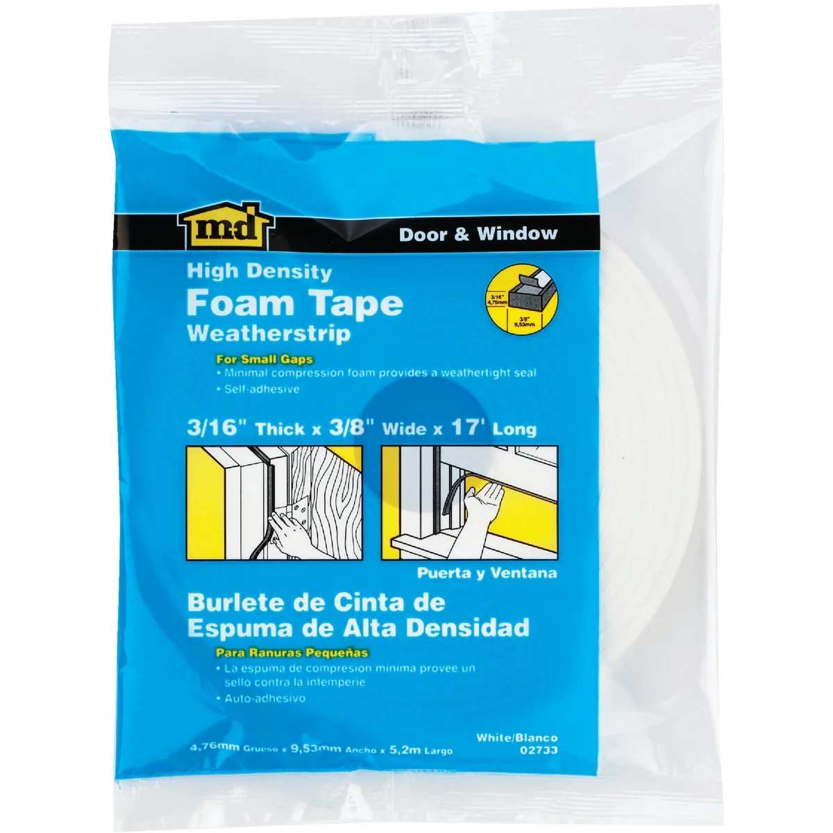 World-Class M-D 3 8 W x 3 16 T x 17′ L White Foam Weatherstrip Tape Pure