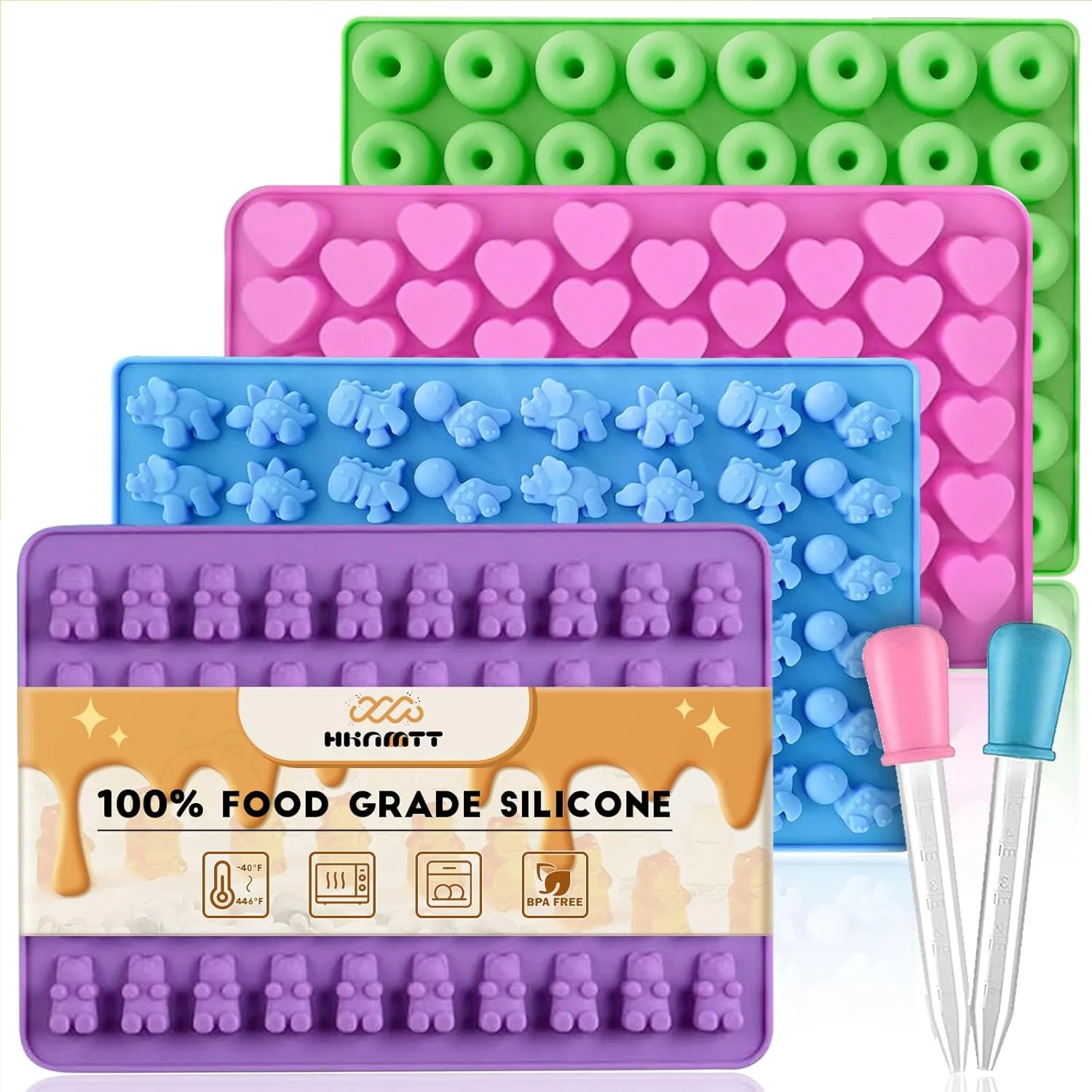 Luxury Gummy Bear Molds Silicone Mini Size Non-stick Chocolate Candy Gummy Mould for Kid with 2 Droppers Including Dinosaur Bear Unique