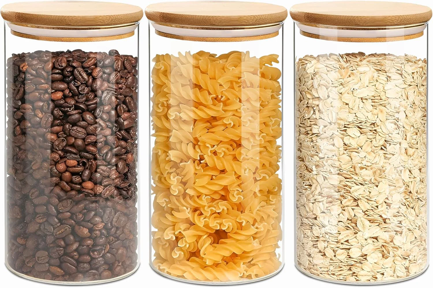 Environmentally Friendly Round Glass Jars Canister with Wood Lid 40 FL OZ Set of 3 Container Jar with Sealing Lids for Oat Pasta Flour Ce Rice Sugar Tea Coffee Beans Traditional
