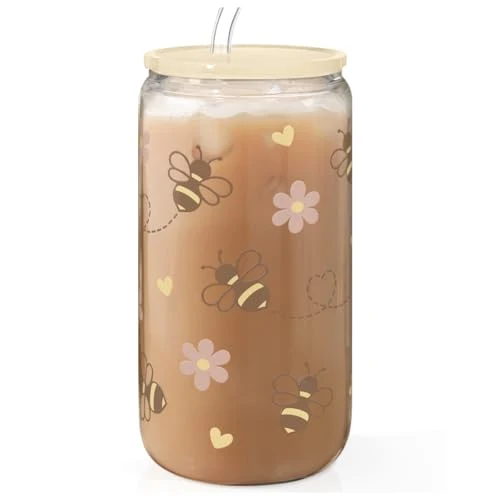 Top-Quality Bee 16oz Can Glass Tumbler with Acrylic Lid Straw Authentic