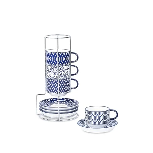 Innovative Ceramic Espresso Cups with Saucers and Metal Stand 4 Count Sophisticated