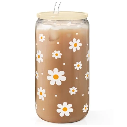 Natural Daisy 16 Oz Can Glass Tumbler with Acrylic Lid and Straw Minimalist