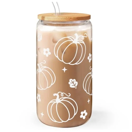 Genuine Pumpkin 16oz Can Glass Tumbler with Acrylic Lid Straw World-Class