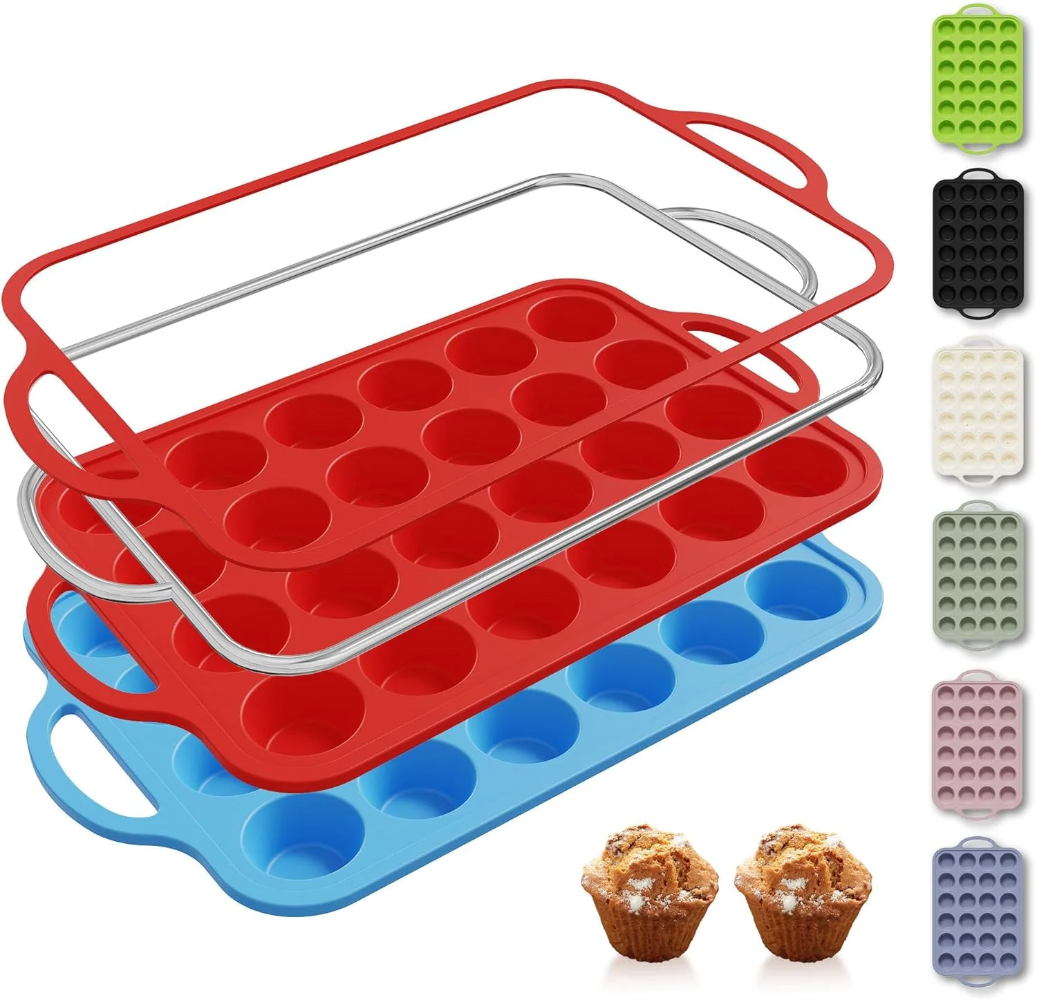 Stylish 2 Packs 24 Cups Silicone Muffin Pan with Metal Reinforced Frame Mini Size Cupcake Pan Tray Egg Bites Silicone Circle Cookie Molds Muffin Tin Tart Pans Baking Sheet Set for Breakfast Sandwiches Advanced