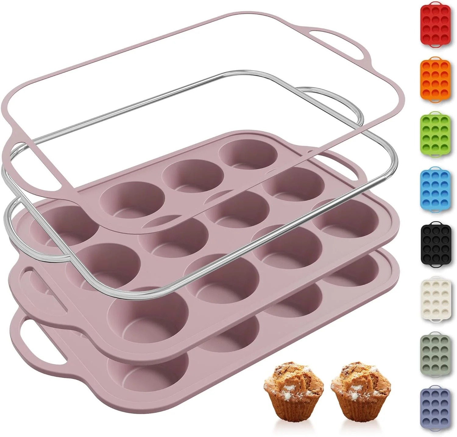 Green 2 Packs 12 Cups Silicone Muffin Pan with Metal Reinforced Frame Regular Size Cupcake Pan Tray Egg Bites Silicone Circle Cookie Molds Muffin Tin Tart Pans Baking Sheet Set for Breakfast Sandwiches Efficient