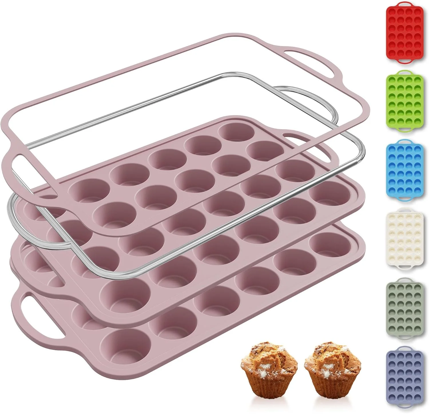 Crafted 2 Packs 24 Cups Silicone Muffin Pan with Metal Reinforced Frame Mini Size Cupcake Pan Tray Egg Bites Silicone Circle Cookie Molds Muffin Tin Tart Pans Baking Sheet Set for Breakfast Sandwiches Trendy