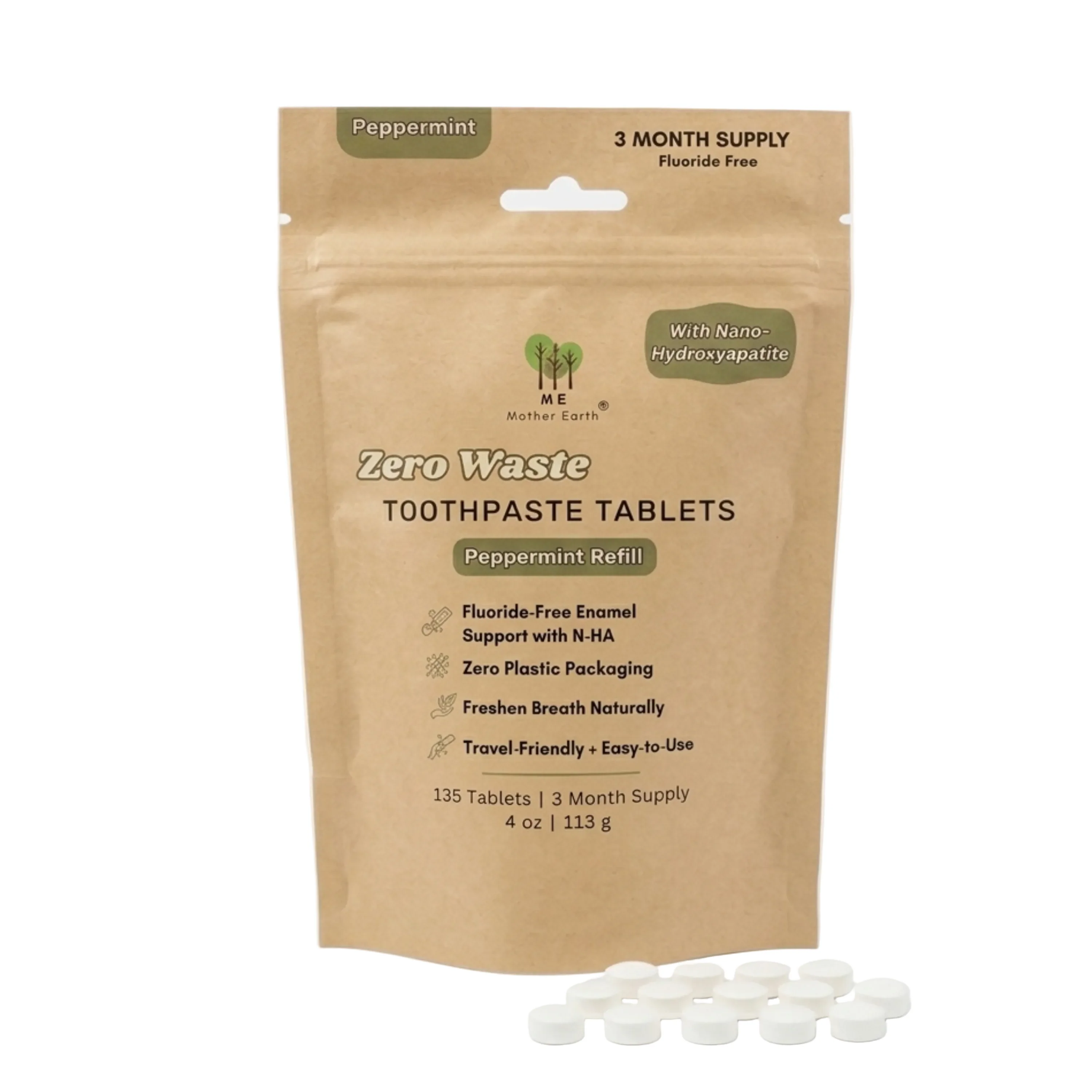High-End Me Mother Earth Toothpaste Tablets with Nano-Hydroxyapatite Refill Pouch – Fluoride- Secure