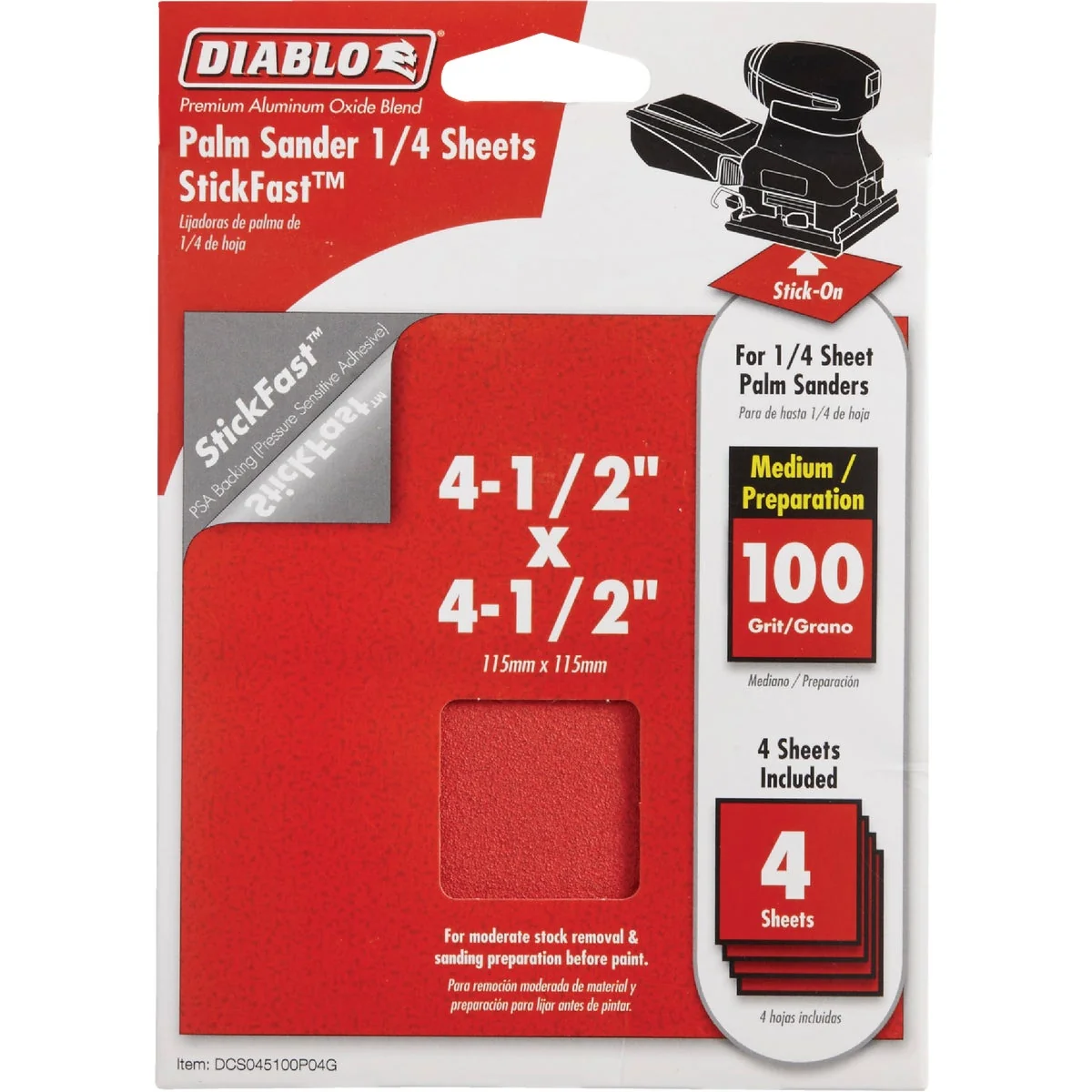 Dependable Diablo StickFast 100 Grit 4-1 2 In. x 4-1 2 In. 1 4 Sheet Palm Sander Power Sanding Sheet 4-Pack Solid