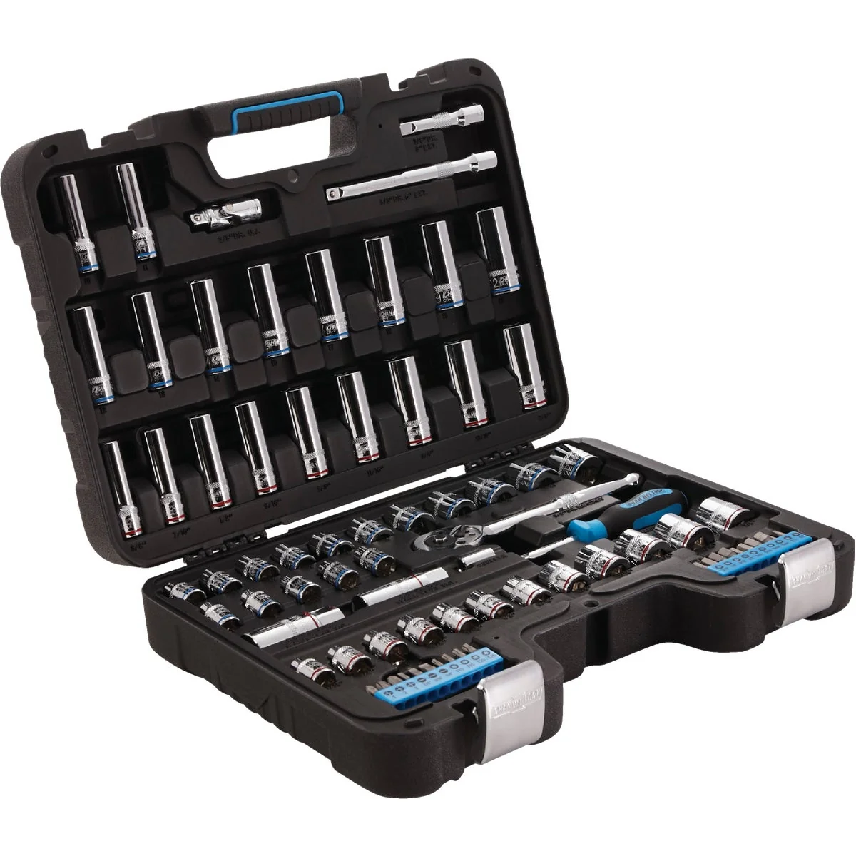 Green Channellock Standard Metric 3 8 In. Drive 6-Point Combination Ratchet Socket Set 76-Piece Relaxed