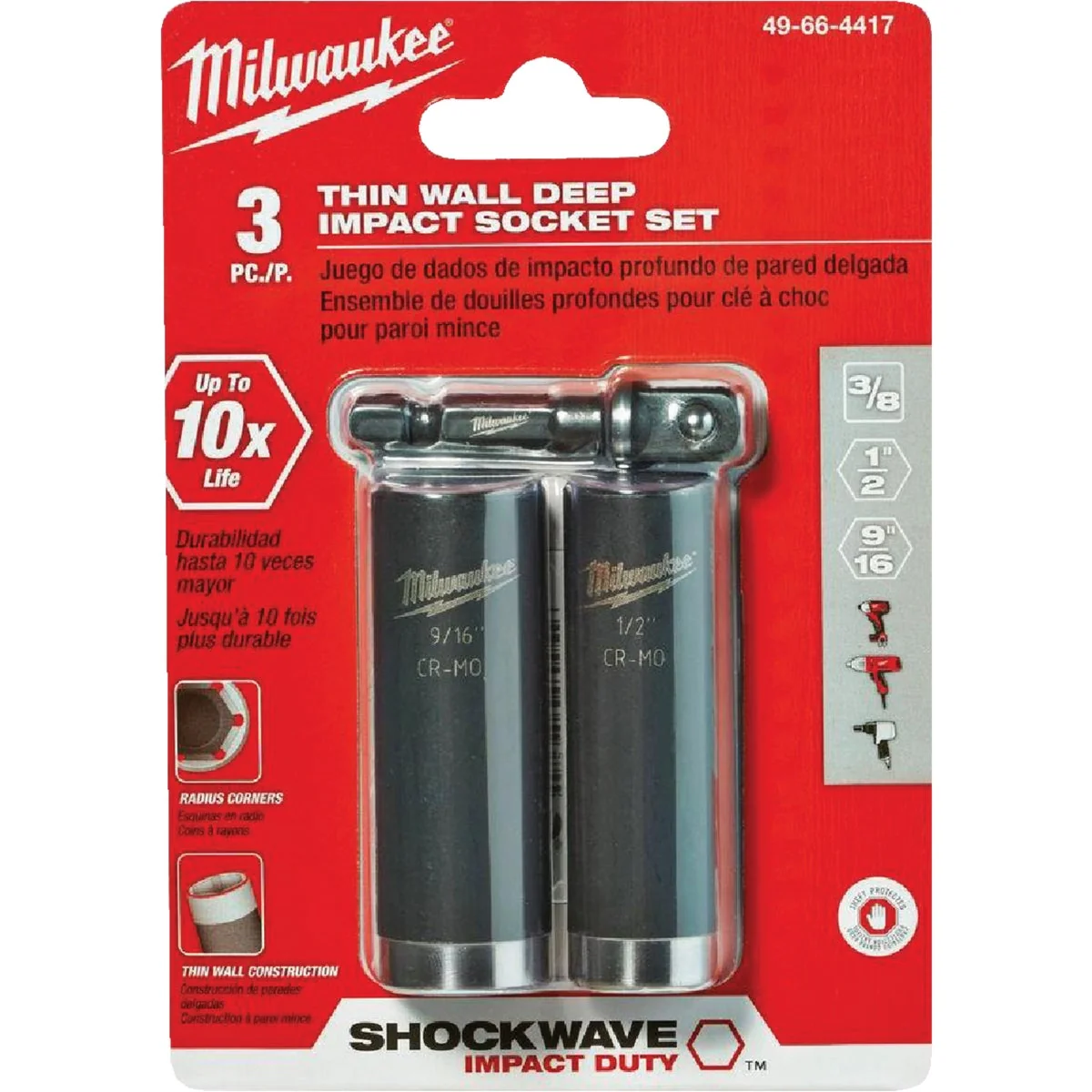 Official Milwaukee SHOCKWAVE Standard 3 8 In. Adapter 1 2 In. 9 16 In. Drive 6-Point Thin Wall Deep Impact Driver Set 3-Piece Sustainable