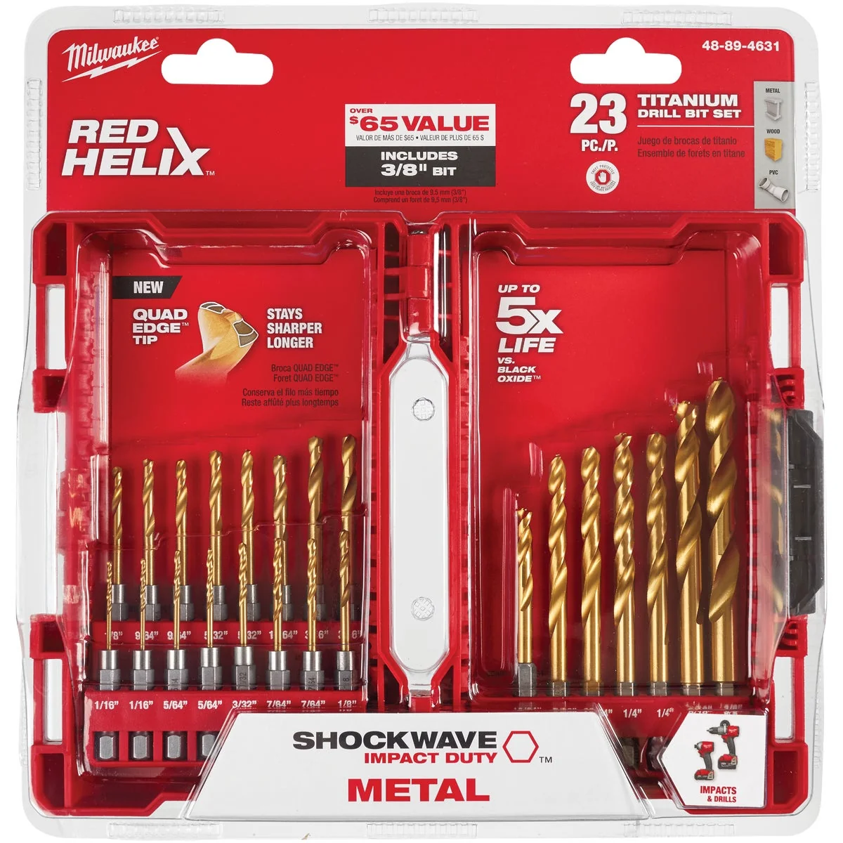 Traditional Milwaukee Shockwave 23-Piece Impact Duty Titanium Hex Shank Drill Bit Set 1 16 In. thru 3 8 In. Natural