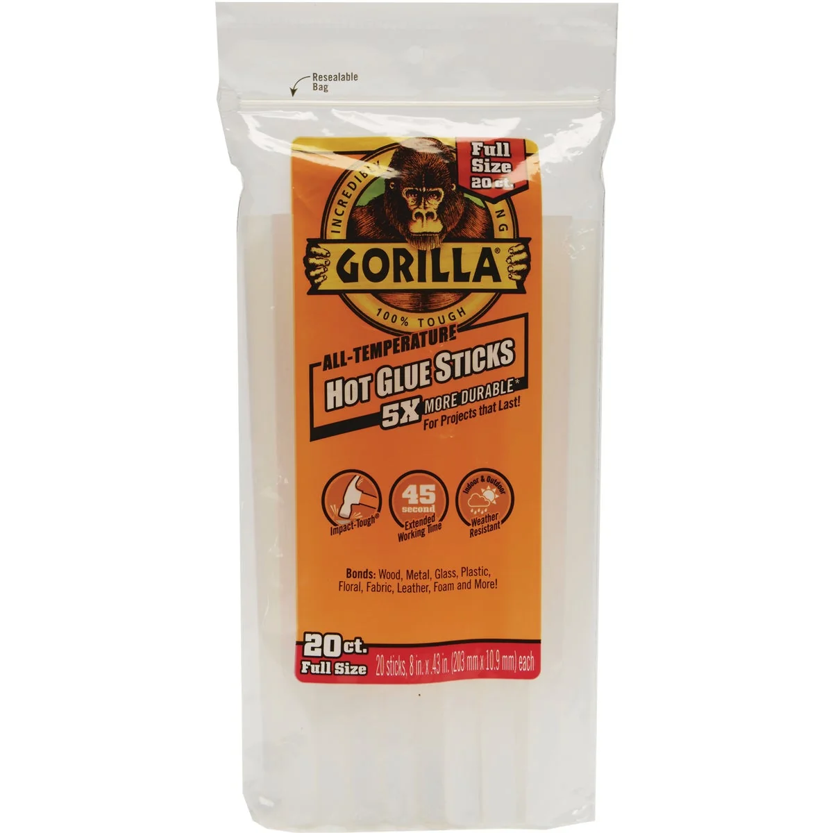 High-Quality Gorilla 8 In. Standard Clear Hot Melt Glue 20-Pack Traditional