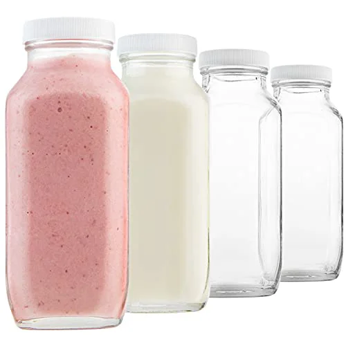 Classic 16oz Glass Milk Bottles with Lids 4 Count Safe