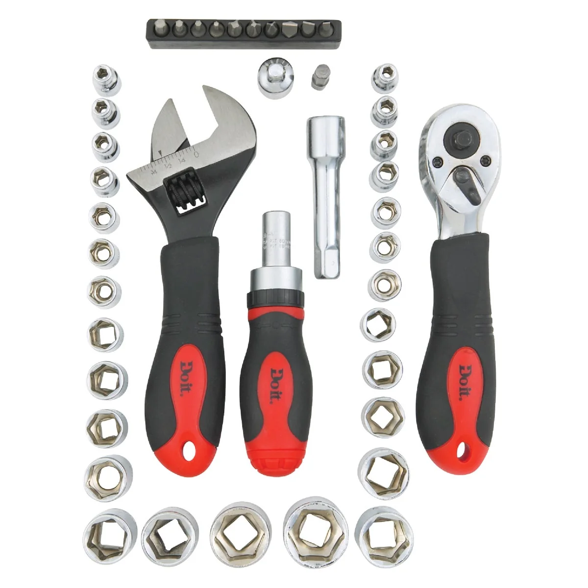 Flexible Do it Stubby Standard Metric 1 4 In. and 3 8 In. Drive 6-Point Shallow Ratchet Socket Set 43-Piece High-End