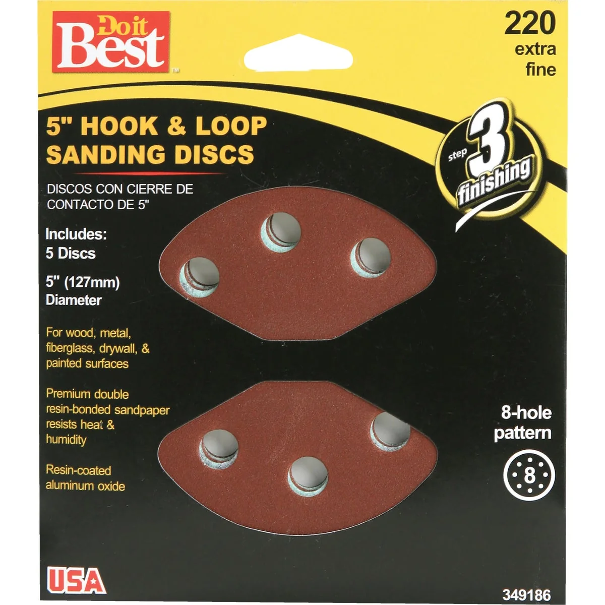 High-Performance Do it 5 In. 220-Grit 8-Hole Pattern Vented Sanding Disc with Hook Loop Backing 5-Pack Clean