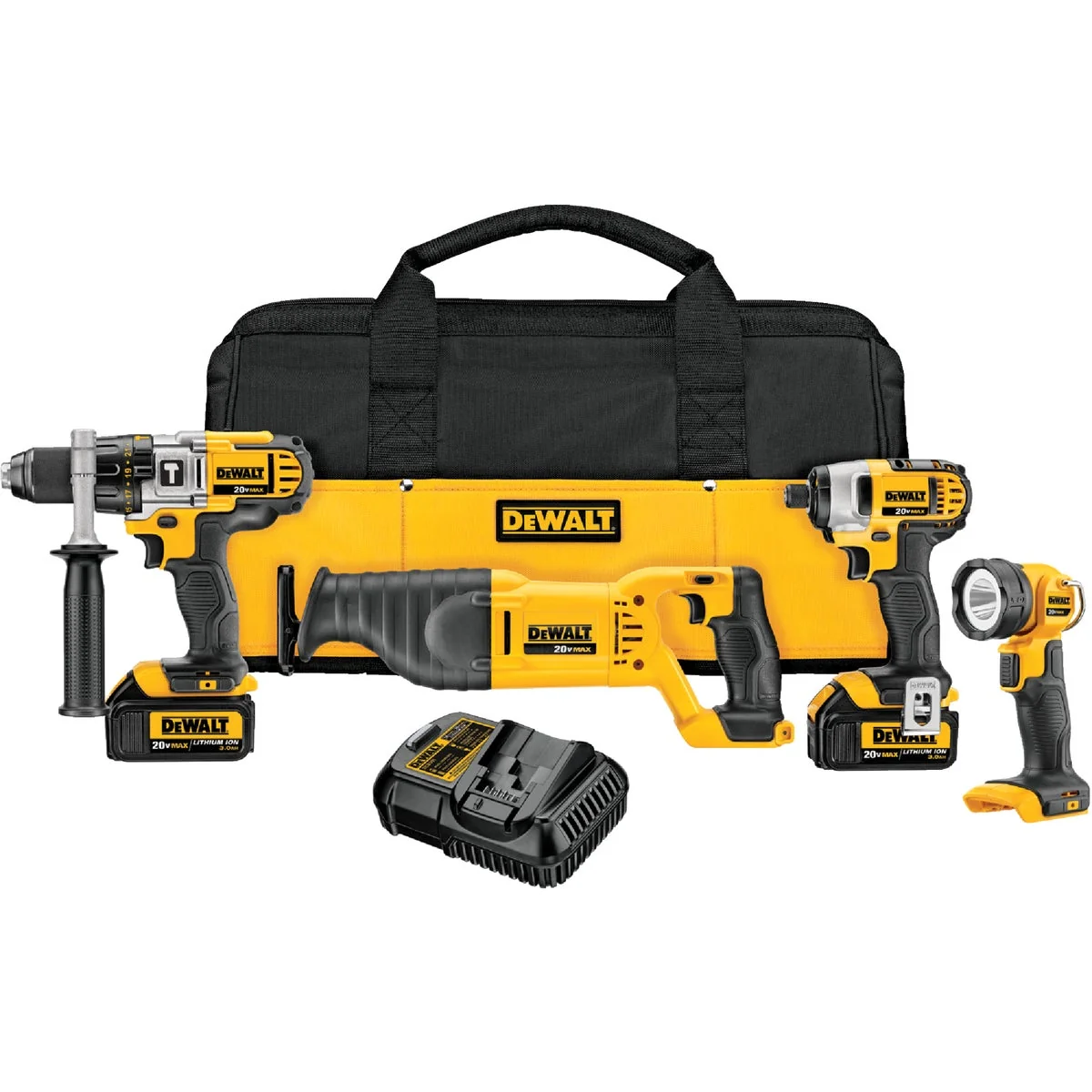 Exceptional DeWalt 4-Tool 20V MAX XR Lithium-Ion Hammer Drill Reciprocating Saw Impact Driver Work Light Cordless Tool Combo Kit Modern