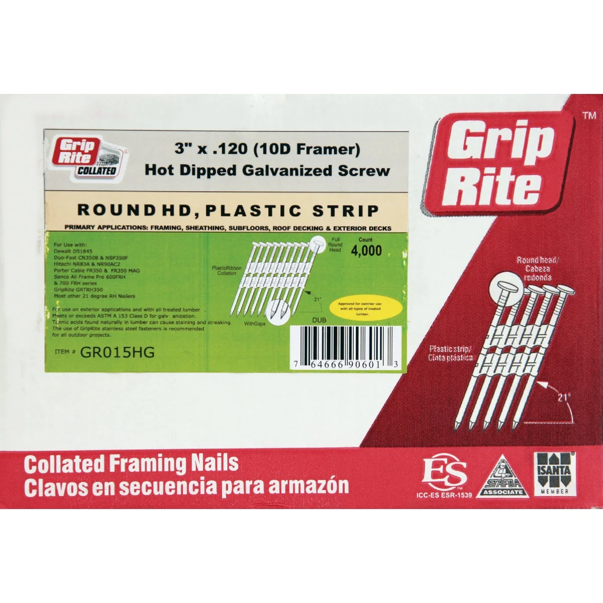 Solid Grip-Rite 21 Degree Plastic Strip Hot-Dipped Galvanized Screw Shank Full Round Head Framing Stick Nail 3 In. x .120 In. 4000 Ct. Relaxed