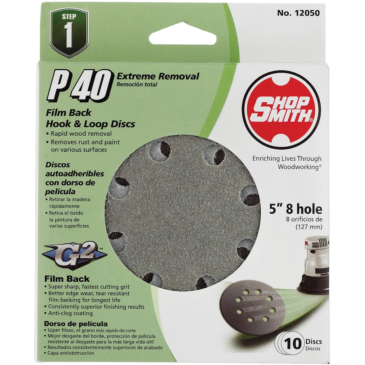 Certified Shop Smith 5 In. 40-Grit 8-Hole Pattern Vented Sanding Disc with Hook Loop Backing 10-Pack Green