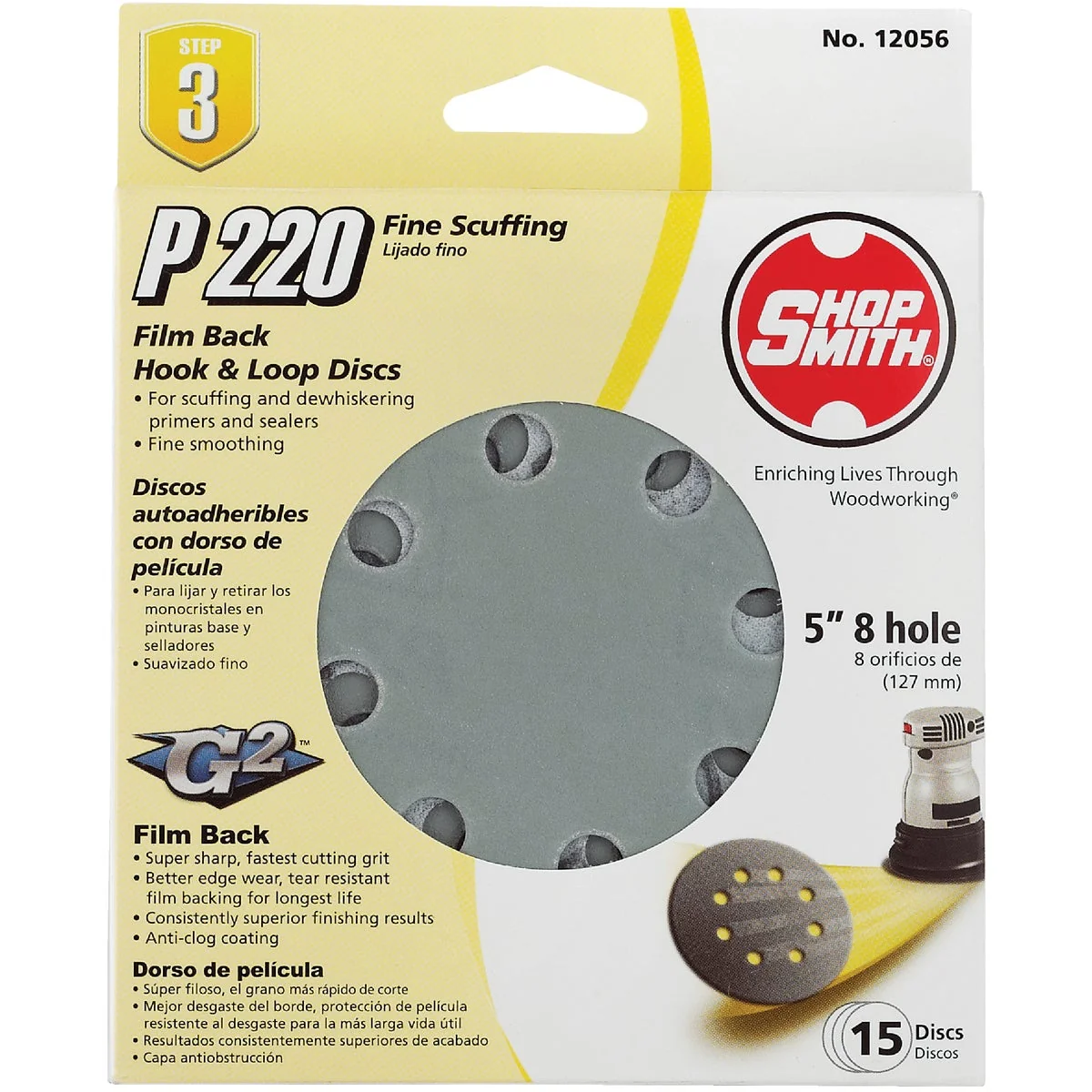 Efficient Shop Smith 5 In. 220-Grit 8-Hole Pattern Vented Sanding Disc with Hook Loop Backing 15-Pack Premium