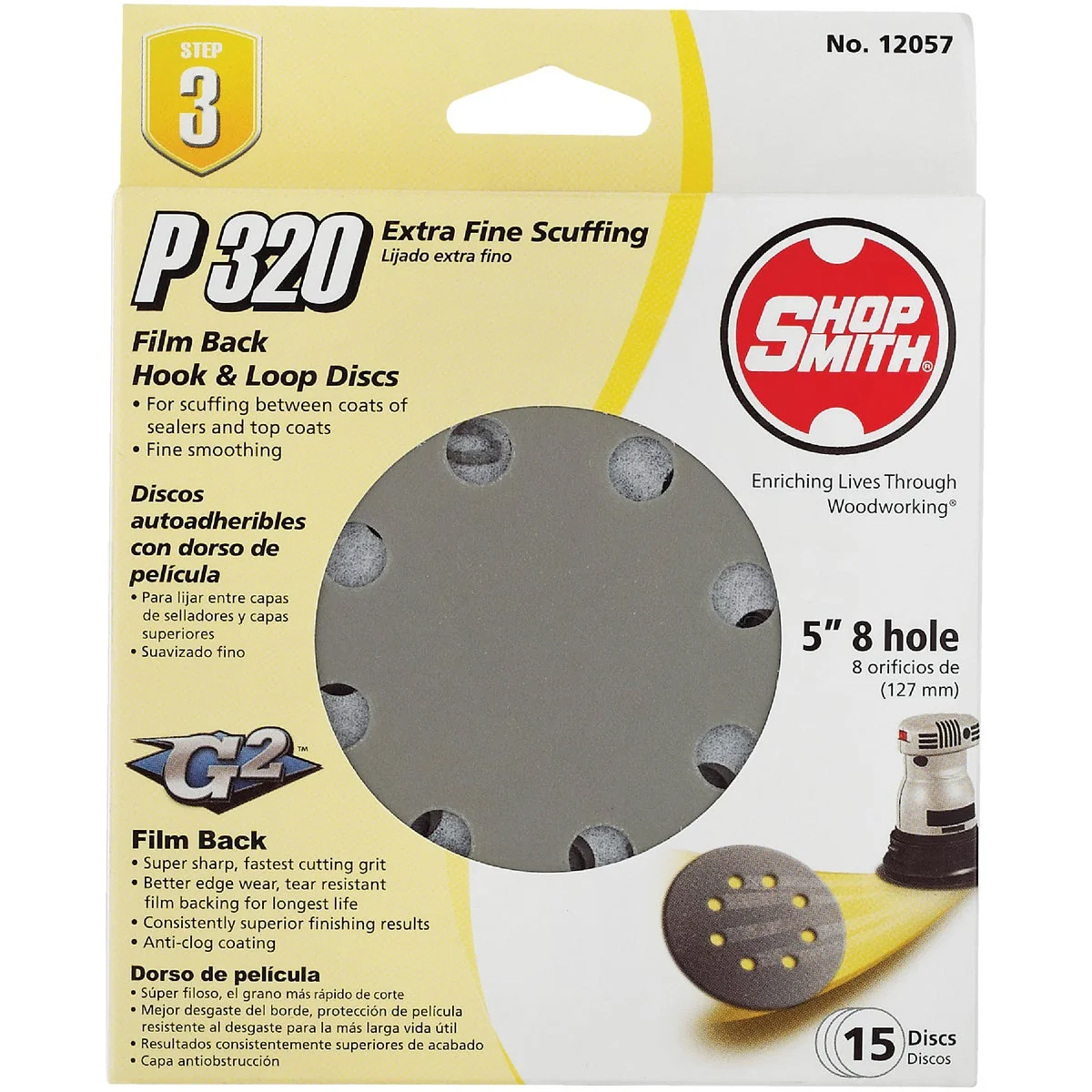 Carefully Designed Shop Smith 5 In. 320-Grit 8-Hole Pattern Vented Sanding Disc with Hook Loop Backing 15-Pack Long-Lasting