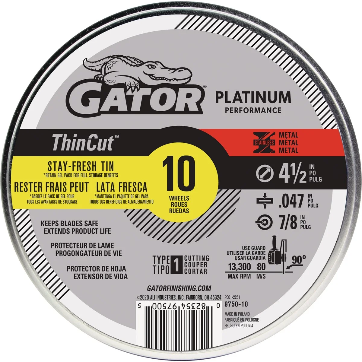Top-Quality Gator Blade ThinCut Type 1 4-1 2 In. x 0.047 In. x 7 8 In. Metal Stainless Cut-Off Wheel 10-Pack Consistent