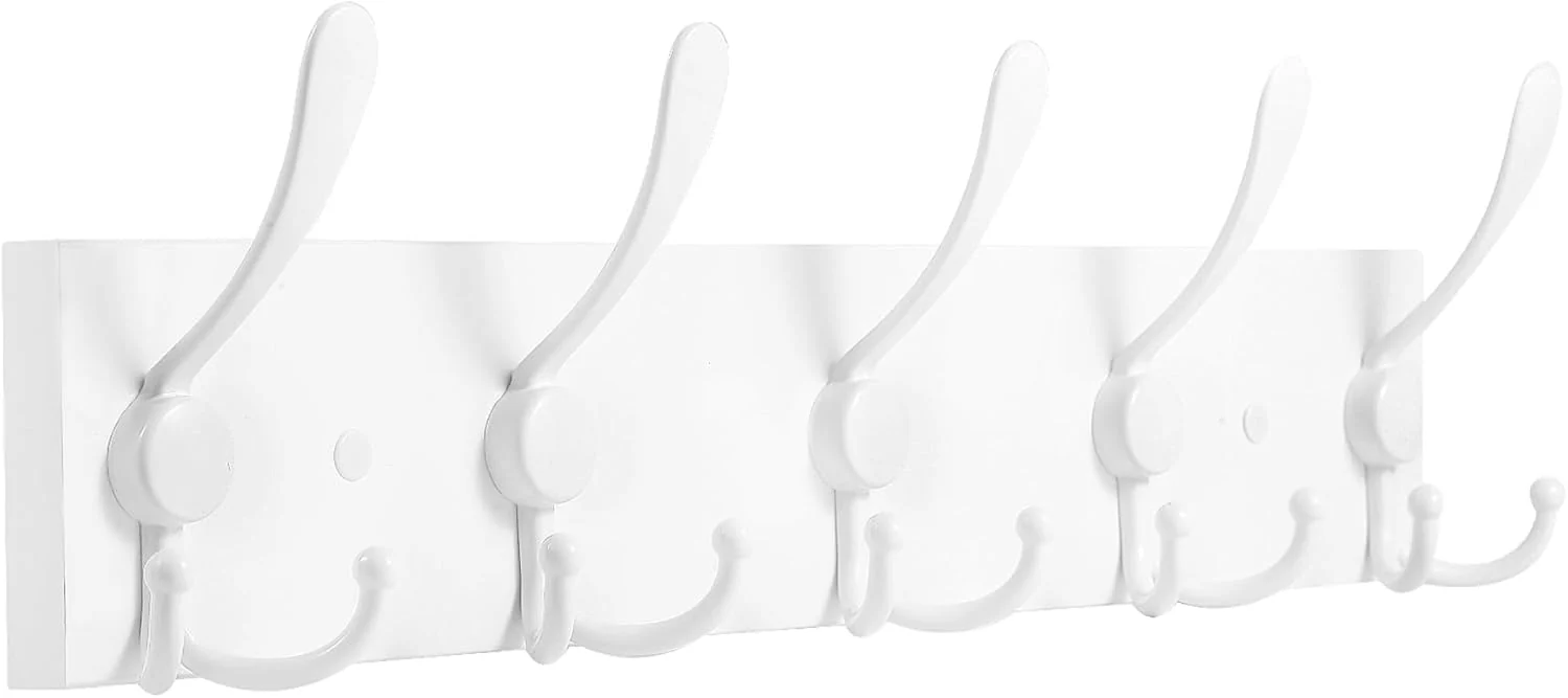 Original Design Coat Rack Wall Mount Coat Hooks Wooden Hat Rack for Wall Hooks Pine Wood Plank 16.9 White Coat Hanger with 5 White Triple Hooks for Hanging Coat Hat Jacket Dependable