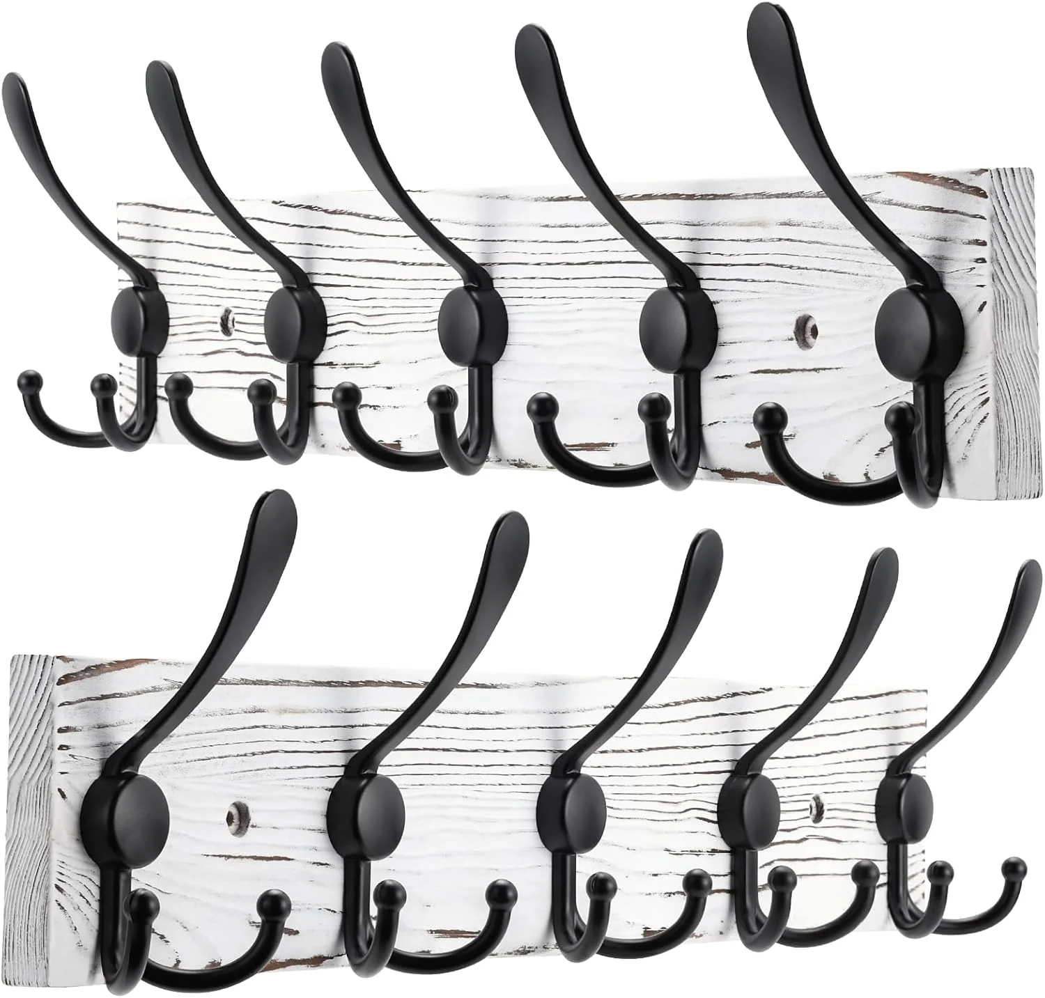 Innovative 2pcs Coat Rack Wall Mount Wooden Hat Rack for Wall Hooks Pine Wood Plank 16.9 Old White Coat Hanger with 5 Black Triple Hooks for Hanging Coat Hat Jacket Efficient