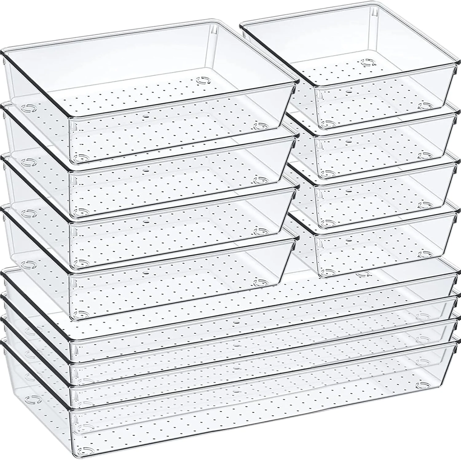 Durable 12 Pack Clear Plastic Drawer Organizer Set Acrylic Non Slip Non Cracking Kitchen Drawer Storage Tray Large Size Divider Multifunctional Storage for Cosmetics Bathroom Tools Kitchen and Office Modern
