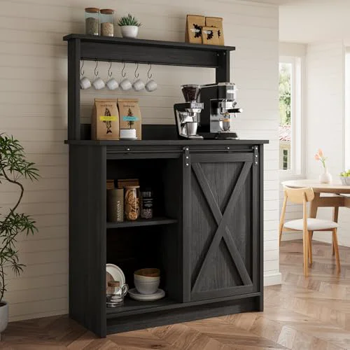 Original Design Farmhouse Coffee Bar Cabinet with Sliding Barn Door Soft