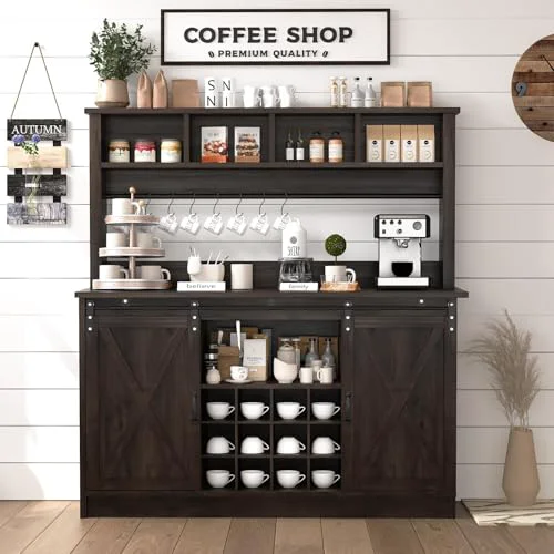 Long-Lasting 55 Farmhouse Coffee Bar with 4 Tier Storage Hutch Optimized