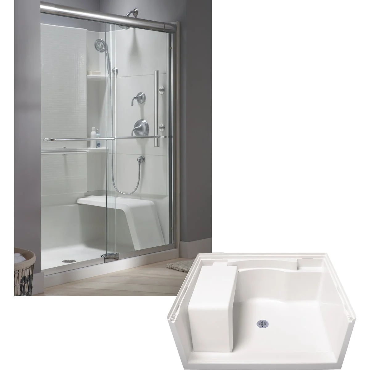 Fashionable Sterling Accord 48 In. W x 36 In. D Center Drain Seated Shower Floor Base in White Durable