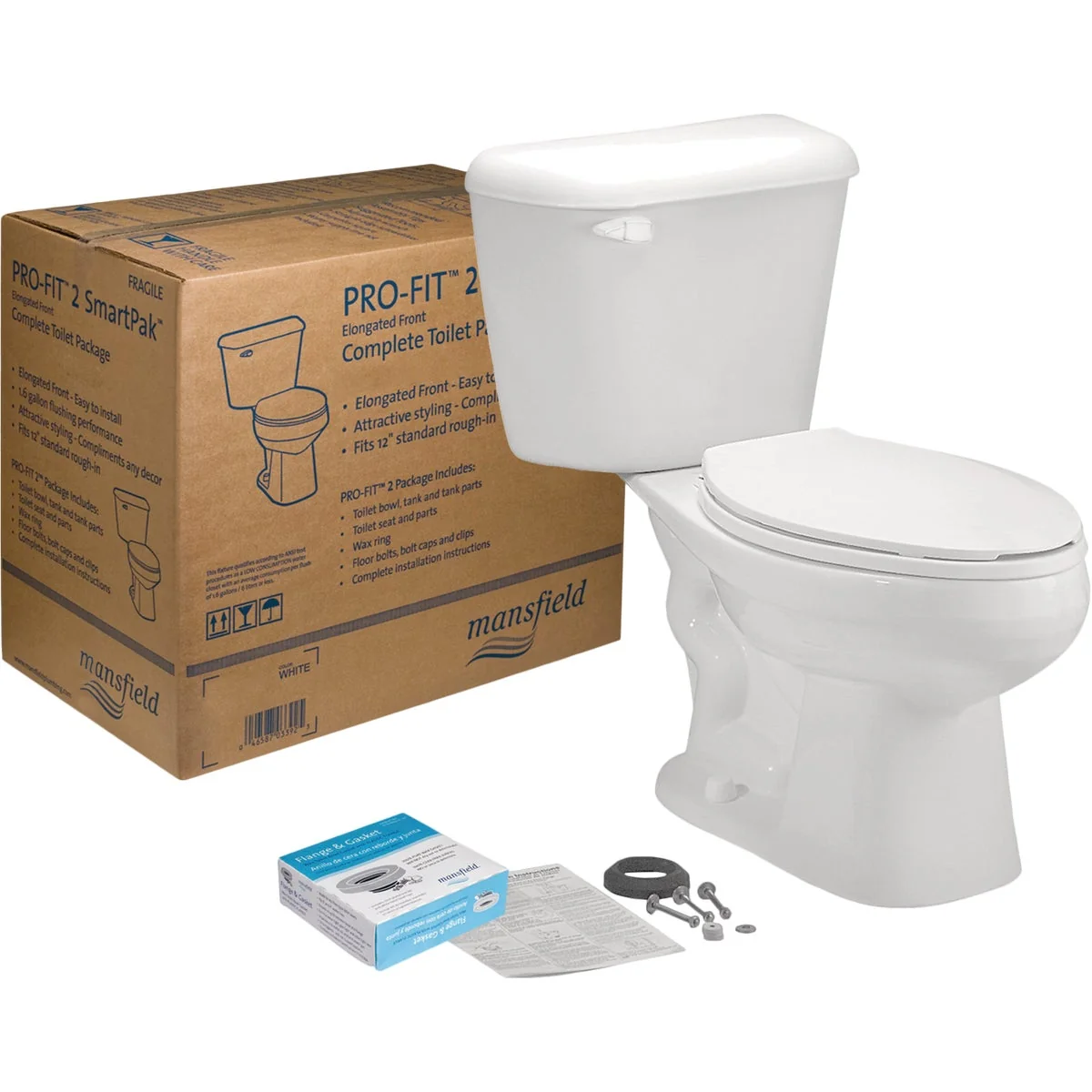 Innovative Mansfield Pro-Fit 2-128 White Elongated Bowl 1.28 GPF Complete Toilet Solid
