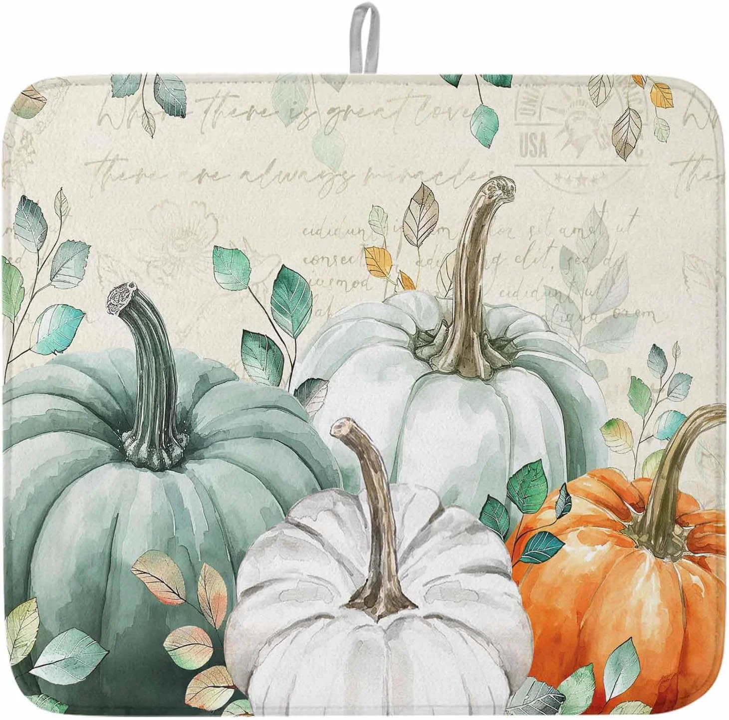 Enhanced Fall Dish Drying Mat for Kitchen Counter Green Pumpkin Drying Pad Absorbent Drying Mats for Countertops Sinks Draining Racks Eucalyptus Leaves Drainer Holiday Harvest Thanksgiving Decorations 18×24 Artisan