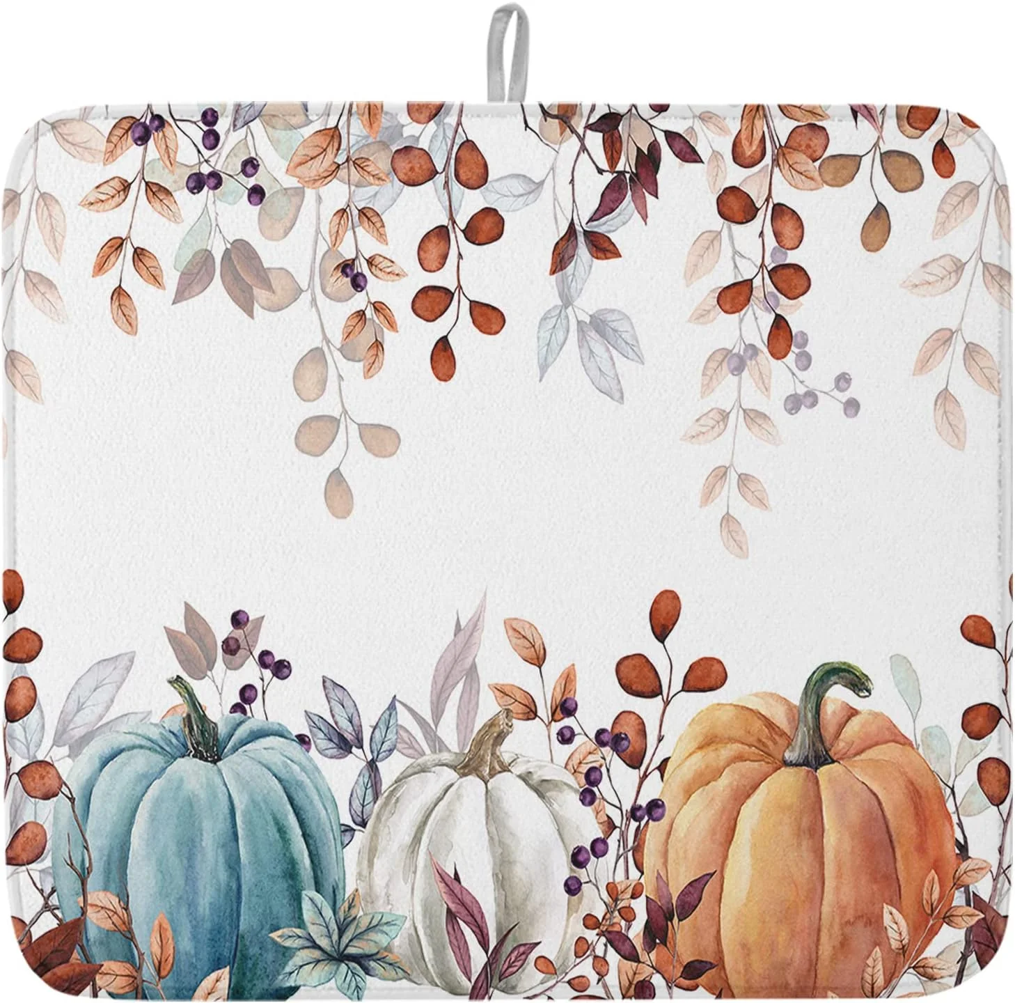First-Class Fall Dish Drying Mat for Kitchen Counter Pumpkin Drying Pad Absorbent Drying Mats for Countertops Sinks Draining Racks Autumn Eucalyptus Leaves Drainer Holiday Harvest Thanksgiving Decorations 18×24 Detailed