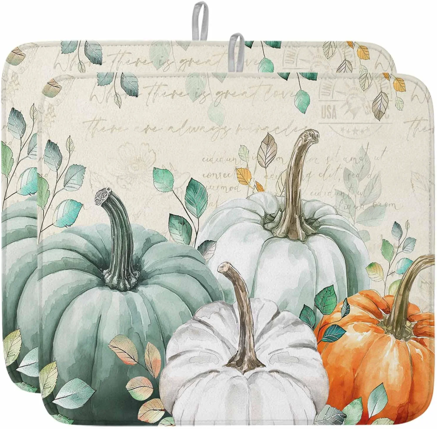 User-Friendly Fall Dish Drying Mat for Kitchen Counter Green Pumpkin Drying Pad Absorbent Drying Mats for Countertops Sinks Draining Racks Eucalyptus Leaves Drainer Holiday Harvest Thanksgiving Decorations 16×18 Original