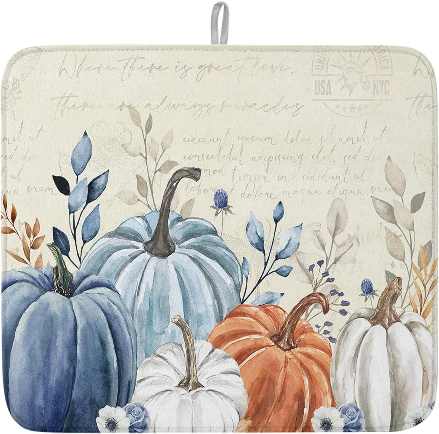Fine Fall Dish Drying Mat for Kitchen Counter Blue Pumpkin Drying Pad Absorbent Drying Mats for Countertops Sinks Draining Racks Floral Leaves Drainer Holiday Harvest Thanksgiving Decorations 18×24 Relaxed