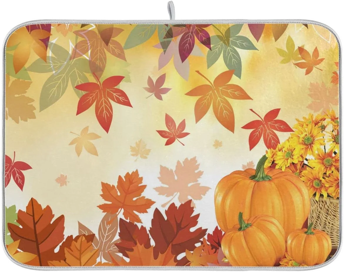 Optimized Autumn Fall Dish Drying Mat for Kitchen Counter Pumpkin Maple Leaves Drying Mat 18 x 24 Inch with Absorbent Reversible Microfiber Dish Drying Pad Dish Rack Drainer Mats for Coffee Bar Prestigious