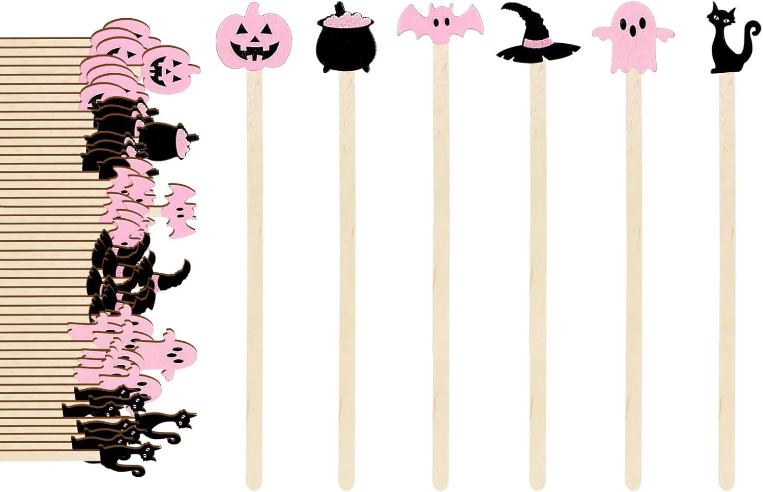 Eco-Friendly 120Pcs Halloween Coffee Stirrers Disposable Pink Black Ghost Bat Cat Pumpkin Stir Sticks Wooden Drink Stirrer for Hot Chocolate Milkshake Restaurant Home Office Carefully Designed